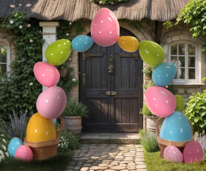 Easter eggs arch in front of a wooden gate.